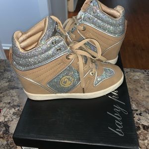 Tan and silver wedge sneakers
